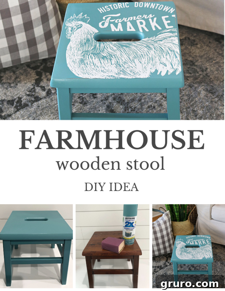 Pinterest graphic promoting the easy DIY wooden step stool makeover, featuring the final transformed stool.
