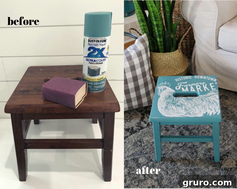 Wooden Step Stool Reimagined 4 Various tools and materials laid out for the step stool makeover project, including sandpaper, paint, and stencils.