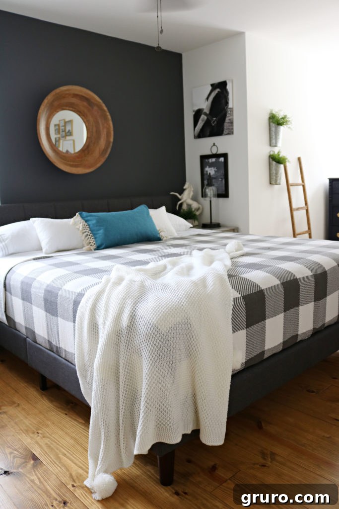 Modern Farmhouse Bedroom Makeover with cozy styling Stunning Modern Farmhouse Bedroom Makeover with dark accent wall and cozy bedding