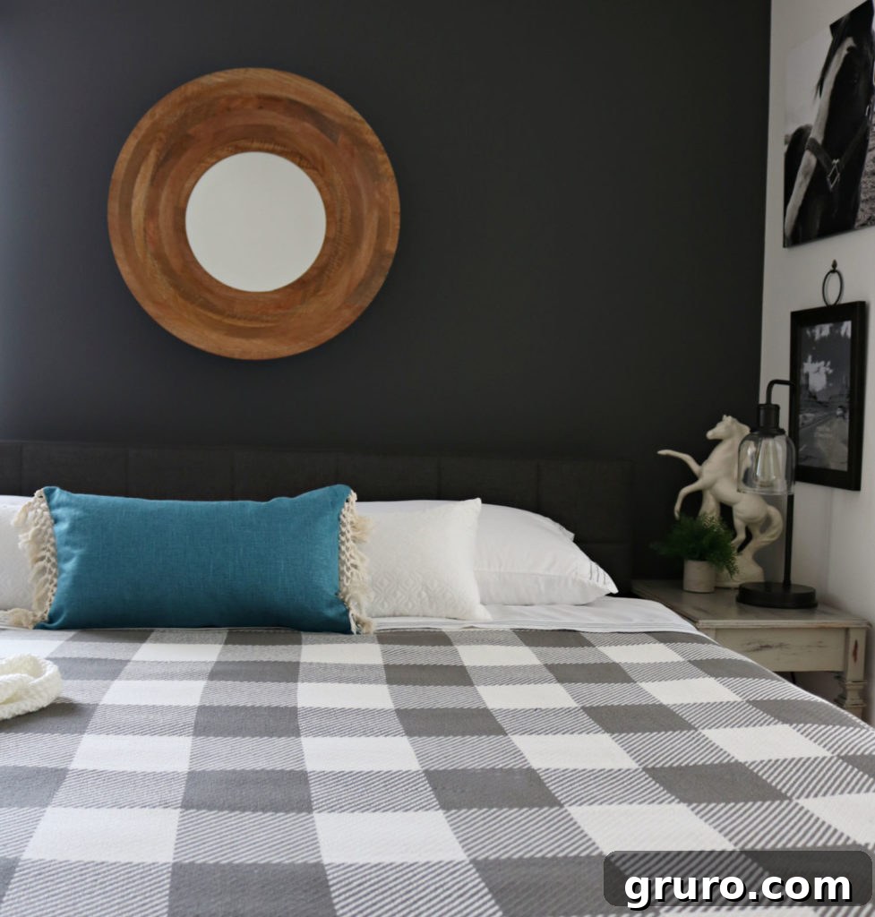 Modern Farmhouse Bedroom Makeover: Buffalo check accent BHG buffalo check blanket adds a classic touch to the Modern Farmhouse Bedroom Makeover