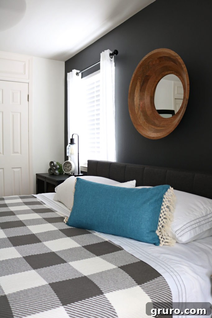 Modern Farmhouse Bedroom Makeover: Guest room view Modern farmhouse guest room styled with BHG products, part of the Modern Farmhouse Bedroom Makeover