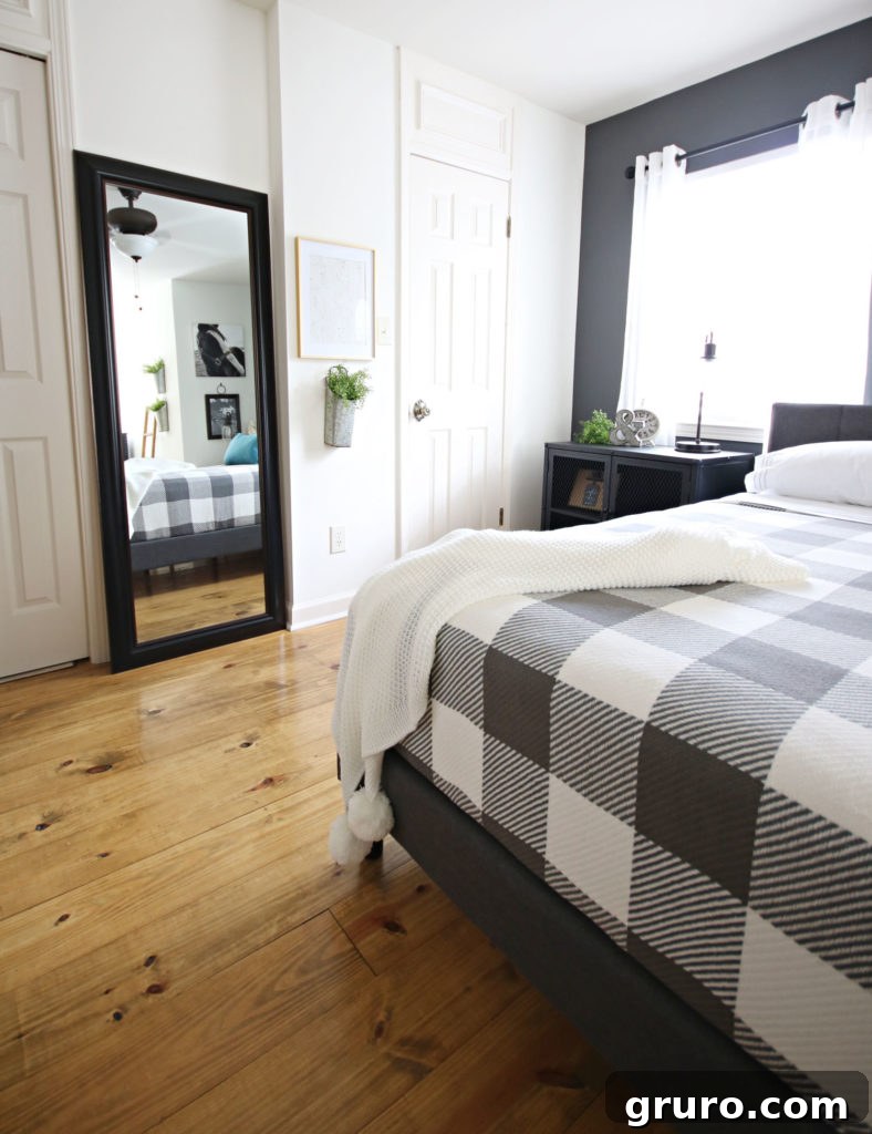 Modern Farmhouse Bedroom Makeover: Mirror and bedding BHG mirror and cozy bedding in the Modern Farmhouse Bedroom Makeover