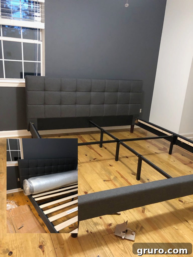 Modern Farmhouse Bedroom Makeover: Bed frame setup Sturdy bed frame assembly process for a Modern Farmhouse Bedroom Makeover