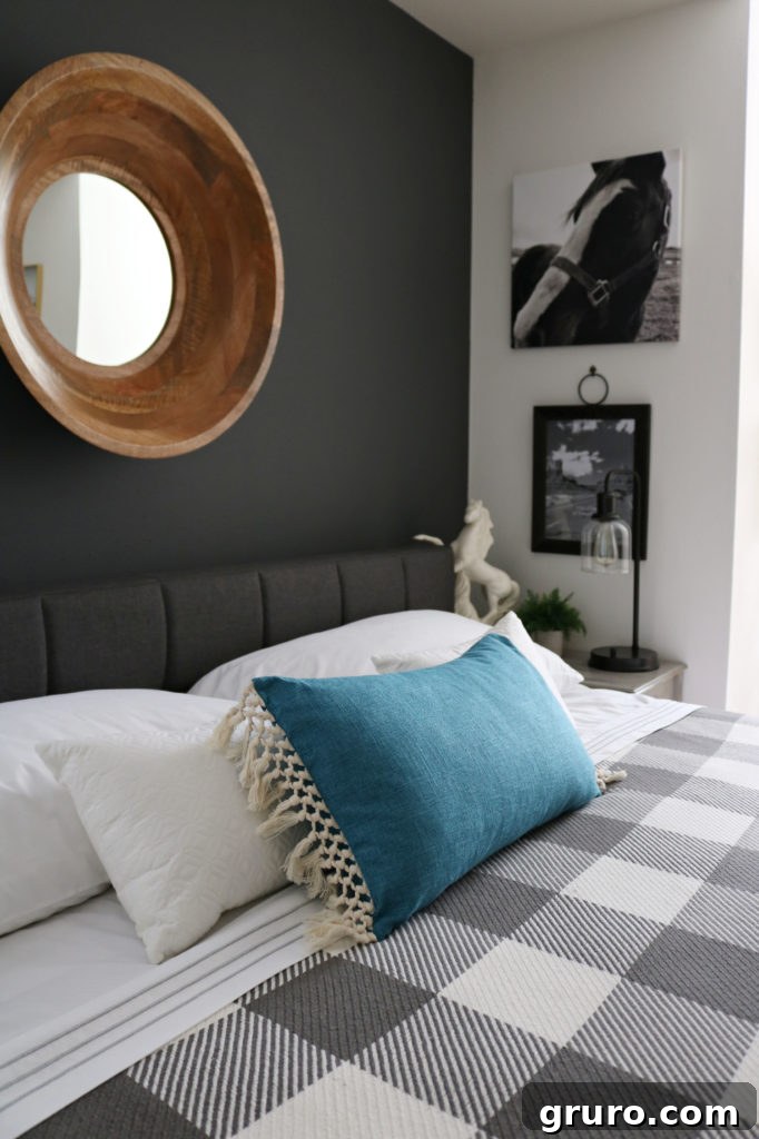 Modern Farmhouse Bedroom Makeover: Bedding details Modern farmhouse bedding and pillows for a comfortable and stylish Modern Farmhouse Bedroom Makeover