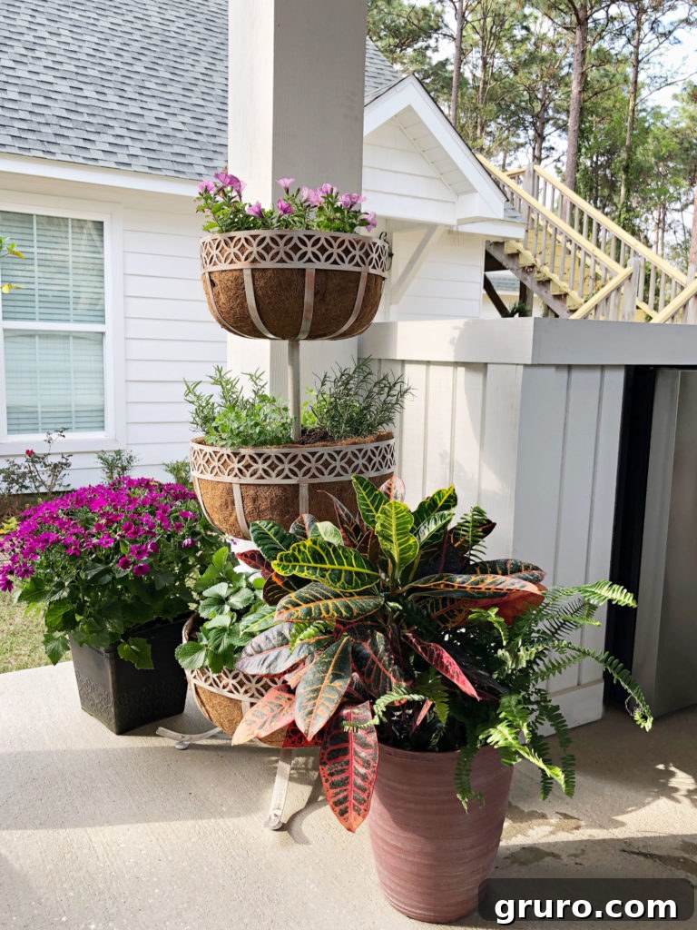 Tiered planter for porch with herbs and flowers