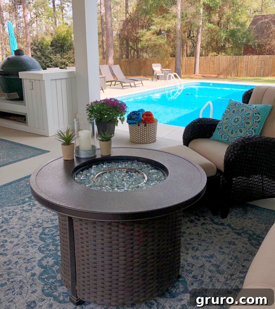 Poolside porch with lush greenery