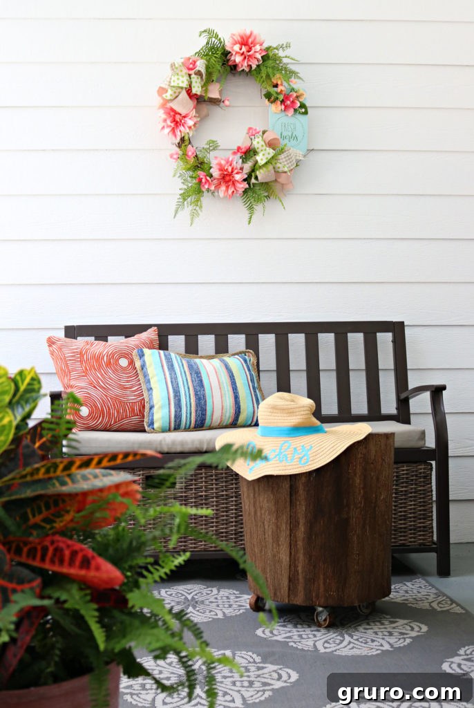 Spring side porch decor with DIY elements