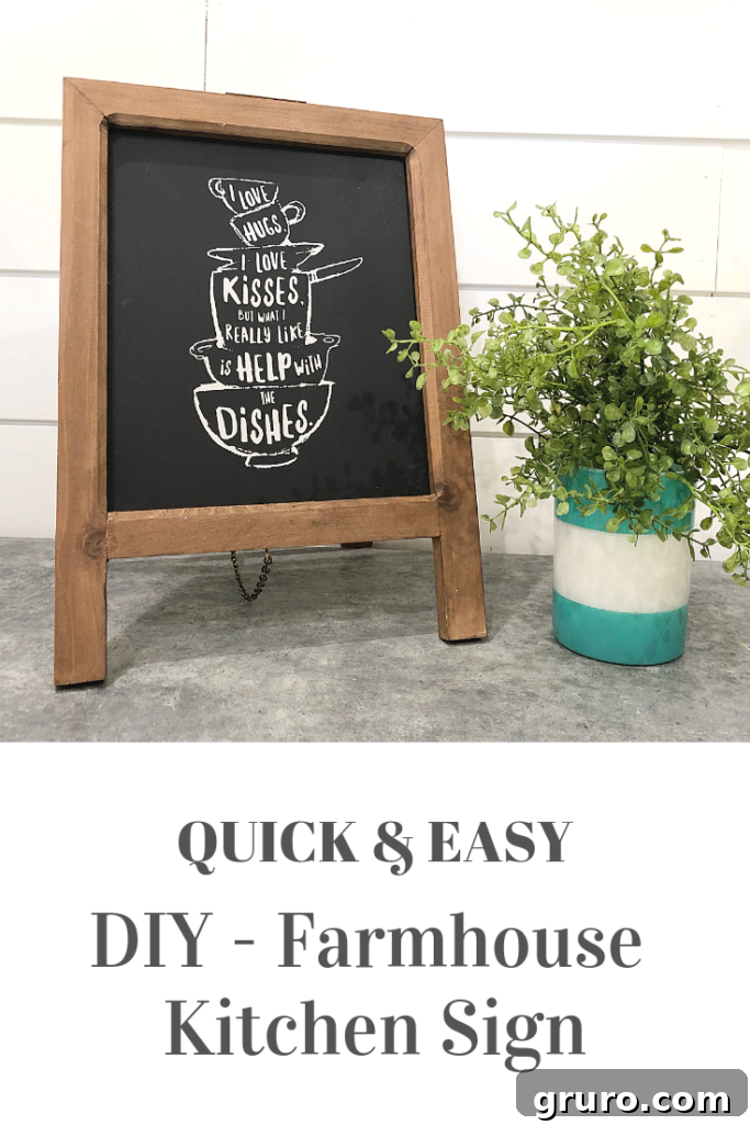 Love farmhouse - perfect rustic DIY farmhouse kitchen sign FARMHOUSE kitchen sign DIY - quick and easy idea chalkboard, featuring a white chalkboard sign with black script 'Love Farmhouse'
