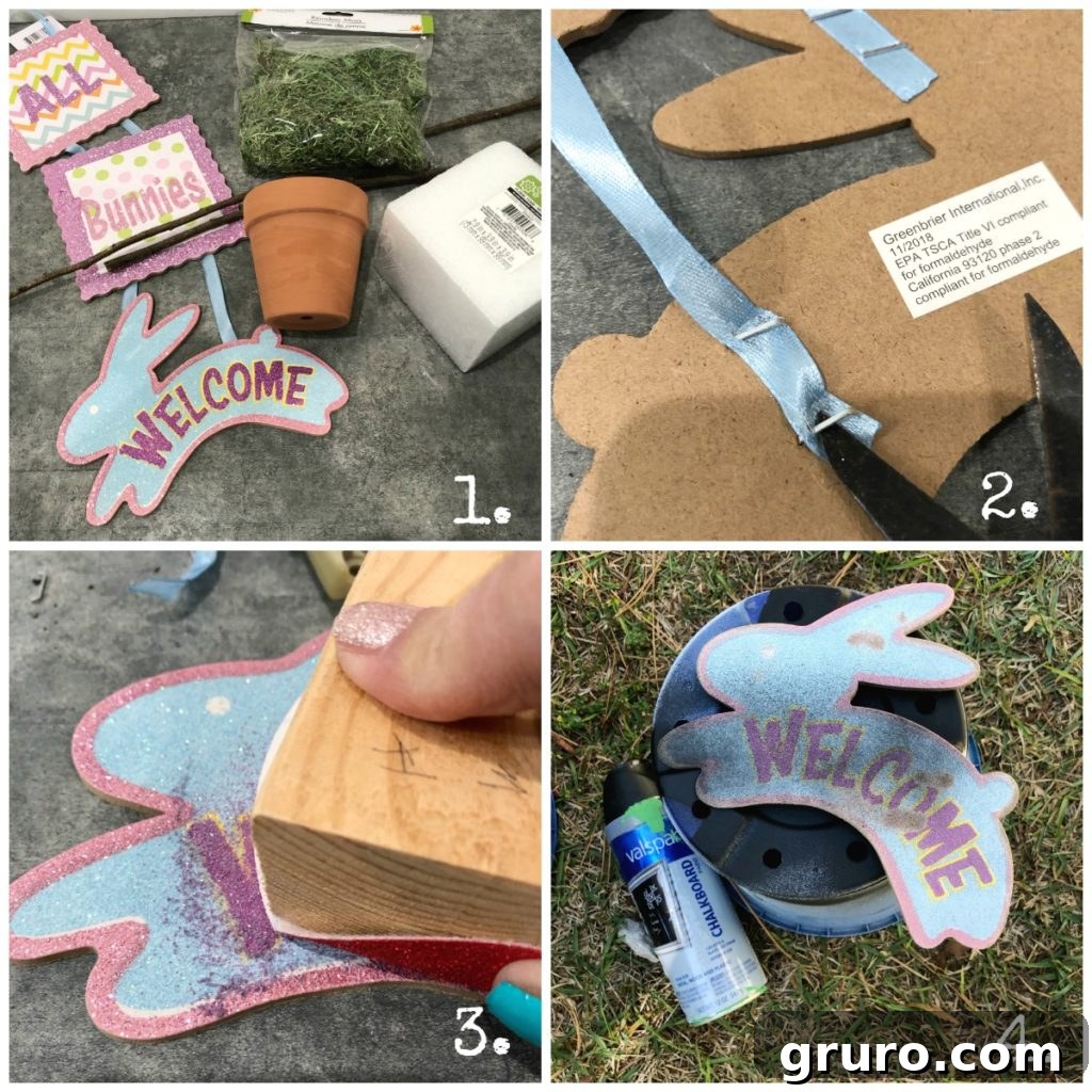 Bunny Topiary Crafting Steps Detailed DIY steps for crafting bunny topiaries, showing painting and assembly stages