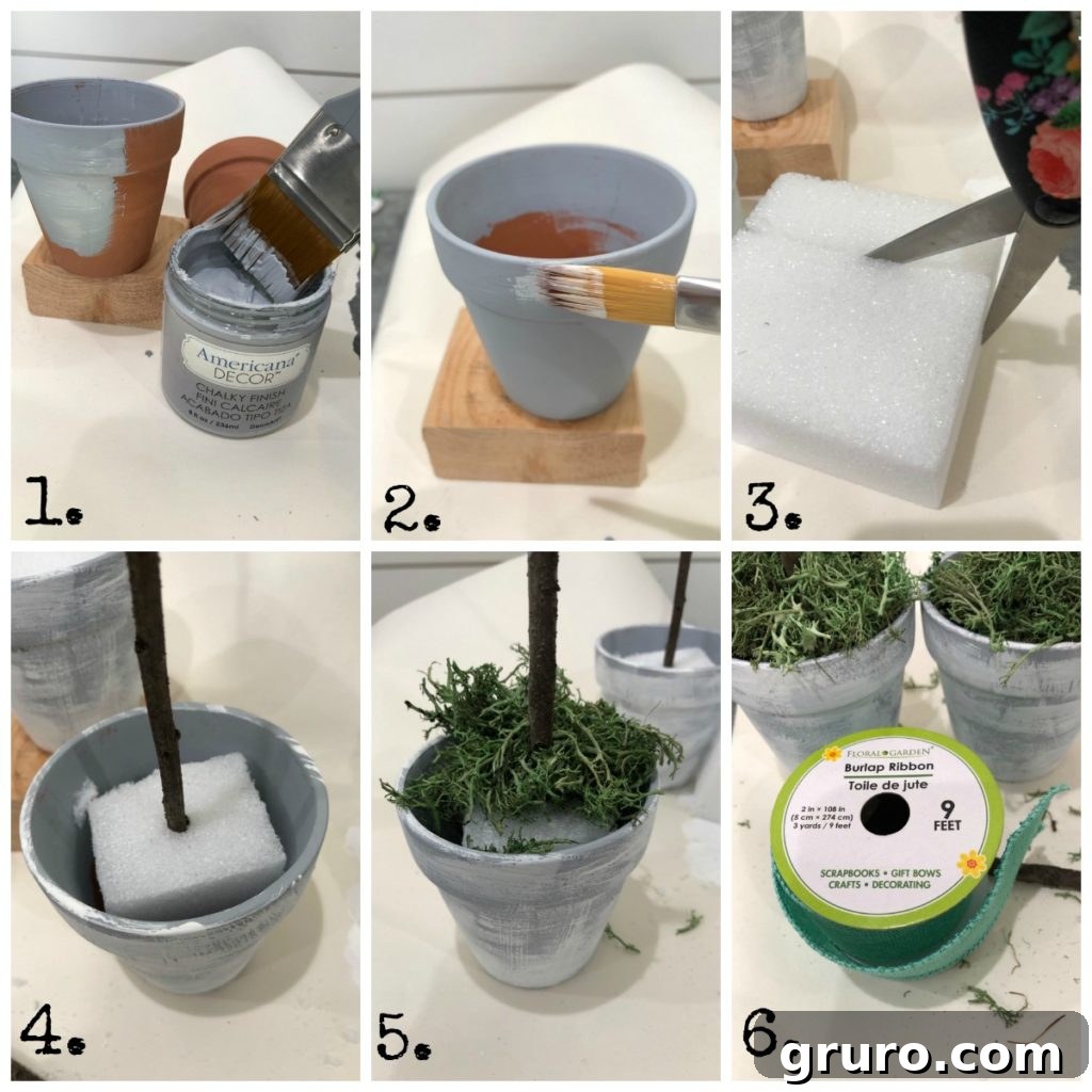 Assembling the Bunny Topiary Additional steps for bunny topiary: painting pots, adding foam and moss, and tying ribbon