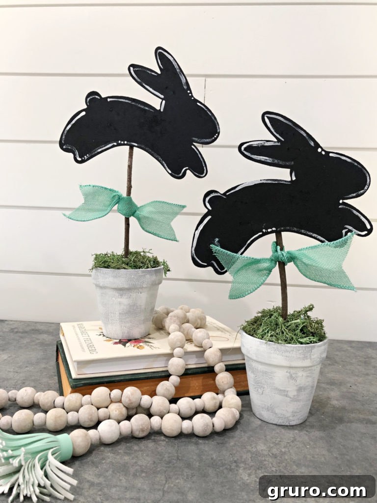 Affordable Bunny Topiary Decor Collection of finished DIY bunny topiaries, showcasing their coordinated and affordable style
