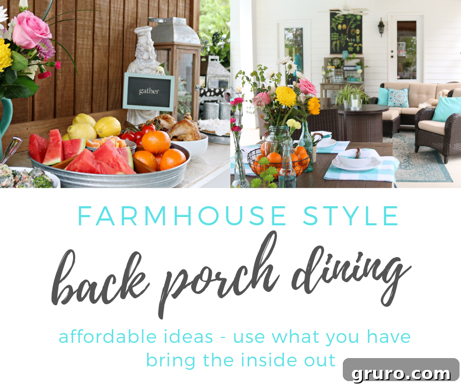 A stylish and affordable back porch dining area with a farmhouse aesthetic, featuring a new outdoor dining set and fresh decor.