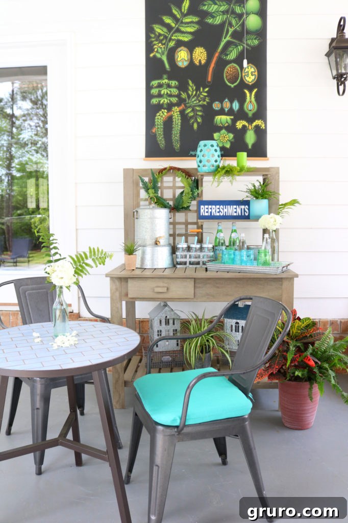 Another view of the porch beverage potting bench, emphasizing its farmhouse charm and utility.