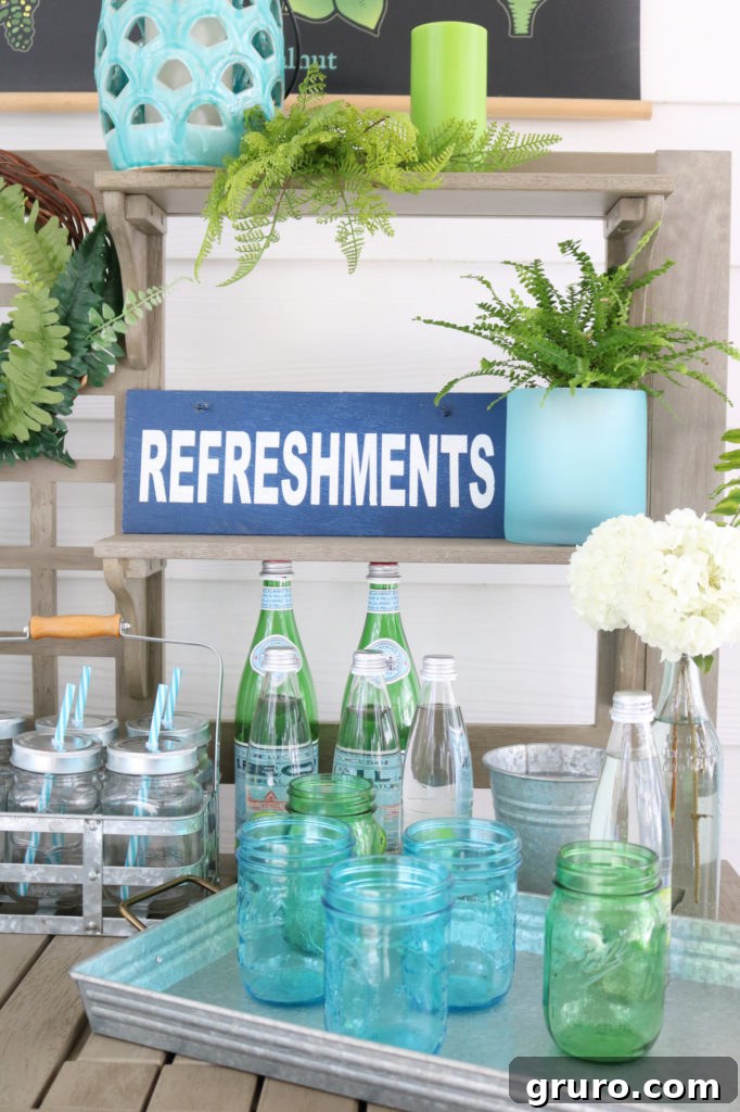 A refreshing lemonade area on the porch, featuring citrus slices and mason jars.