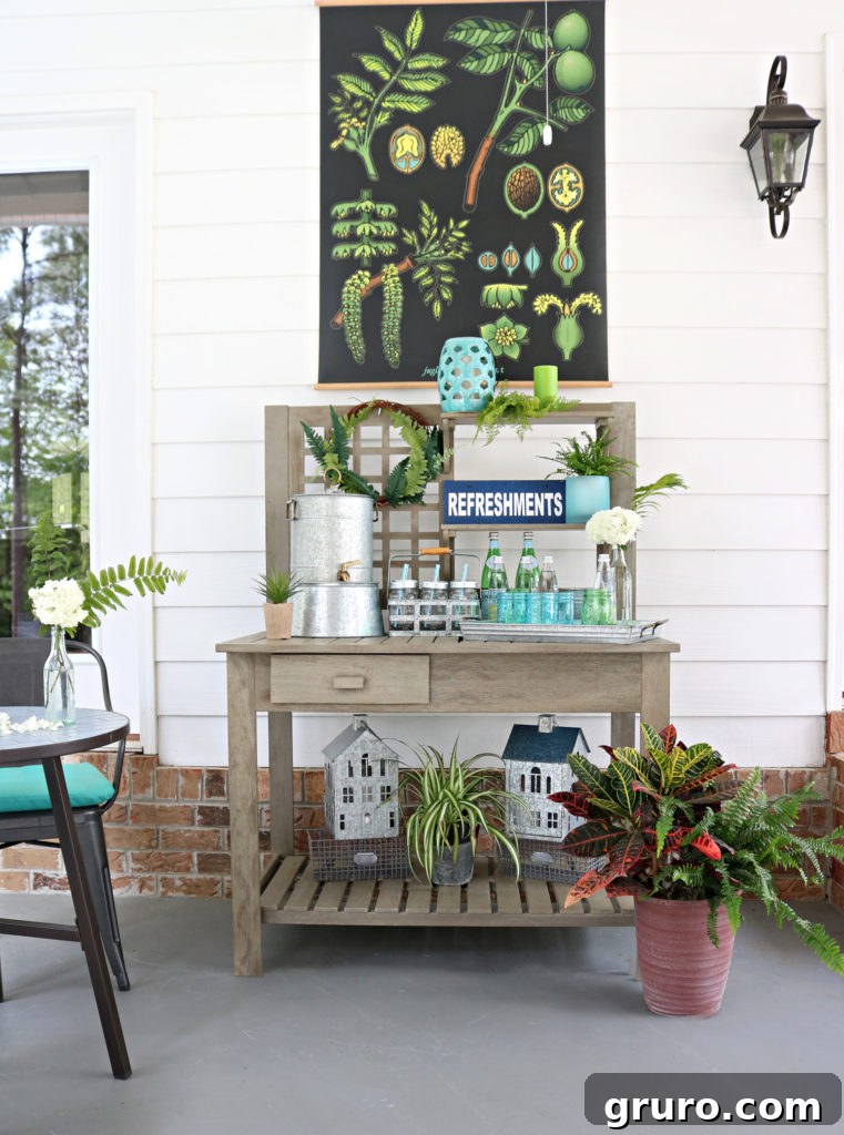 An inviting beverage area on a covered porch, set for relaxed outdoor entertaining.