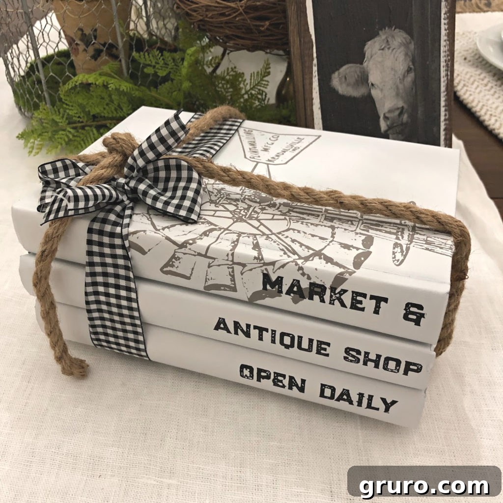 Elegant white painted book stacks for farmhouse home decor