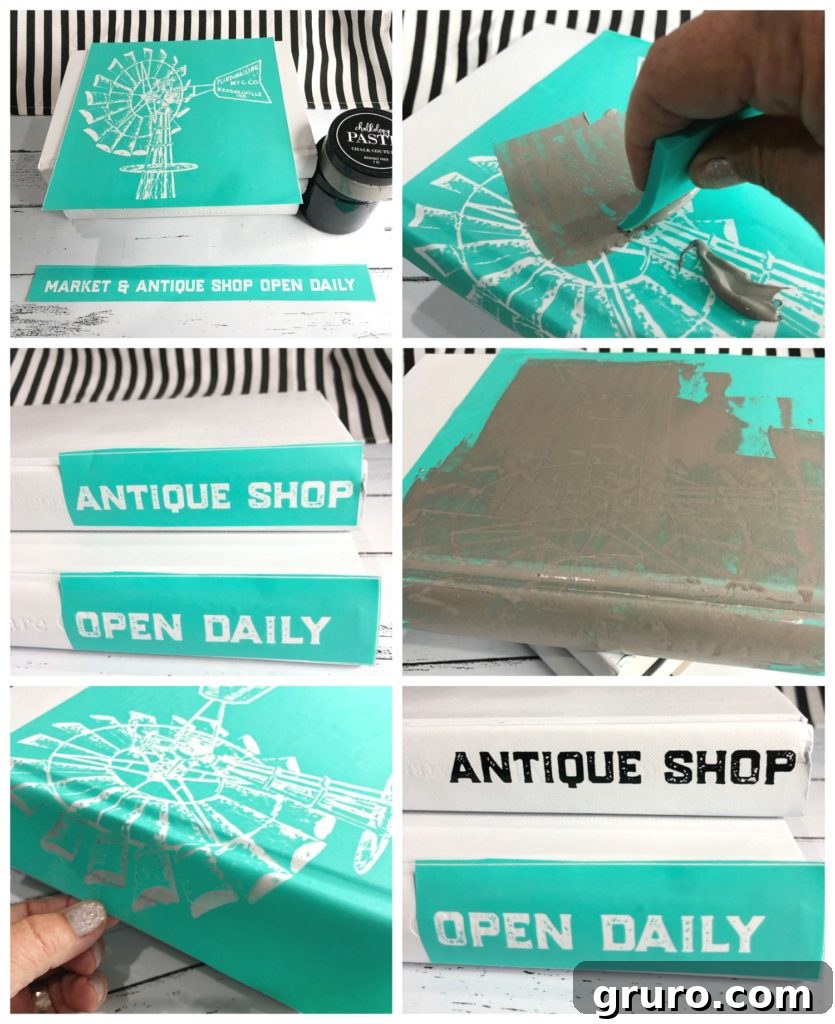 Applying Chalk Couture transfers and paste to DIY white painted book stacks