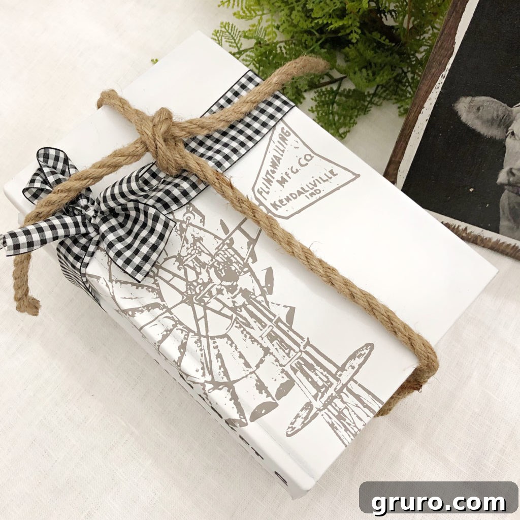 Farmhouse inspired stacked books with ribbon and rope details