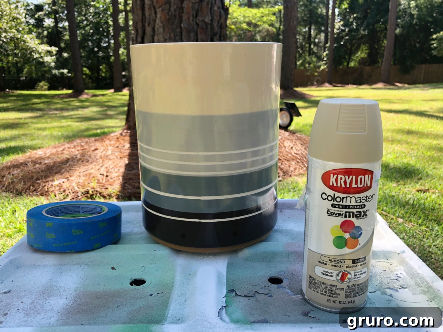 Easy thrift store makeover - DIY antique look crock Before DIY - a simple ceramic trash can ready for an antique crock makeover