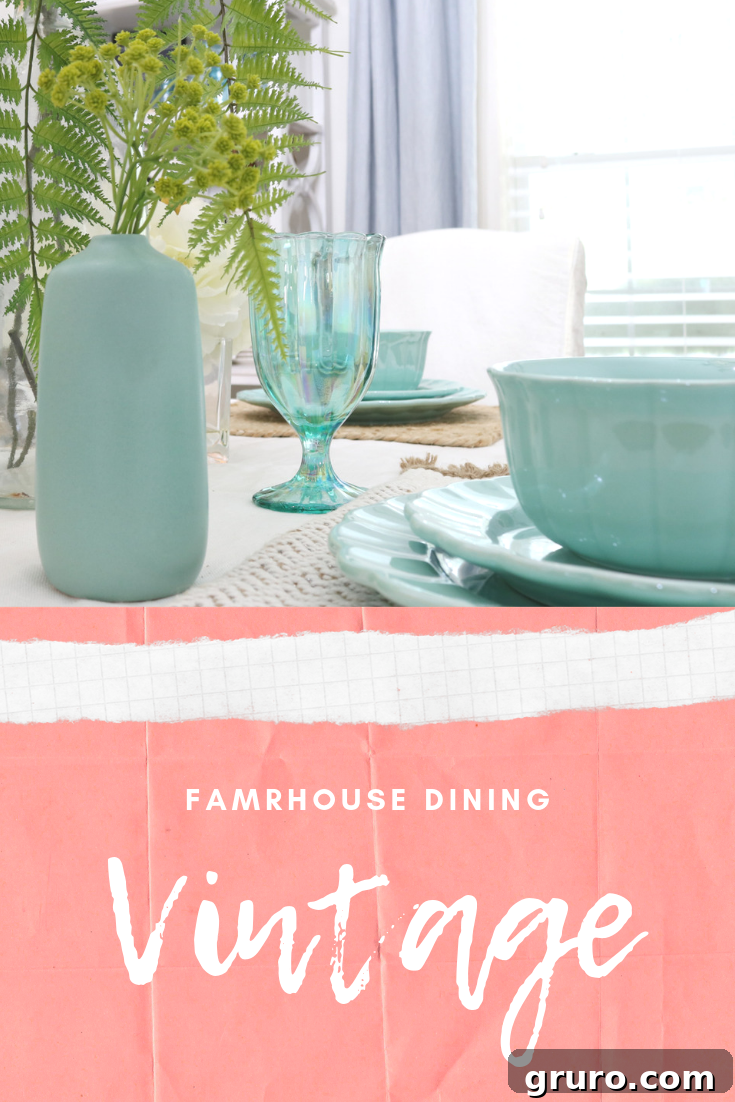 A Pinterest-friendly visual displaying a beautifully decorated vintage farmhouse dining room, featuring a meticulously set table and inviting decor, perfect for sharing inspiration and design ideas.