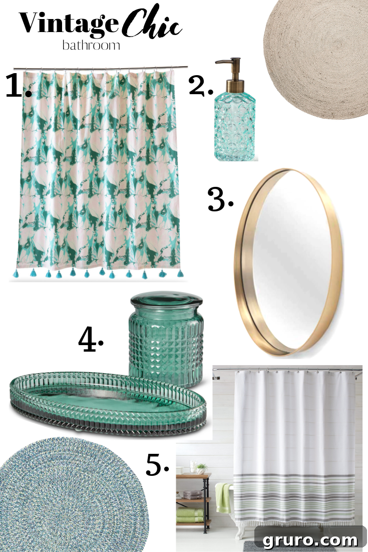 Elevate Your Space with Vintage Chic Decor 4 Serene Vintage Chic Bathroom with Marble Shower Curtain and Oval Mirror
