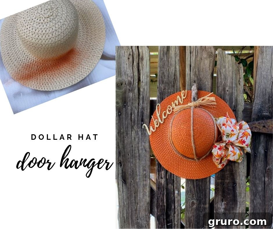 Warm Fall Pumpkin Door Welcome 2 Charming pumpkin door hanger crafted from Dollar Tree finds
