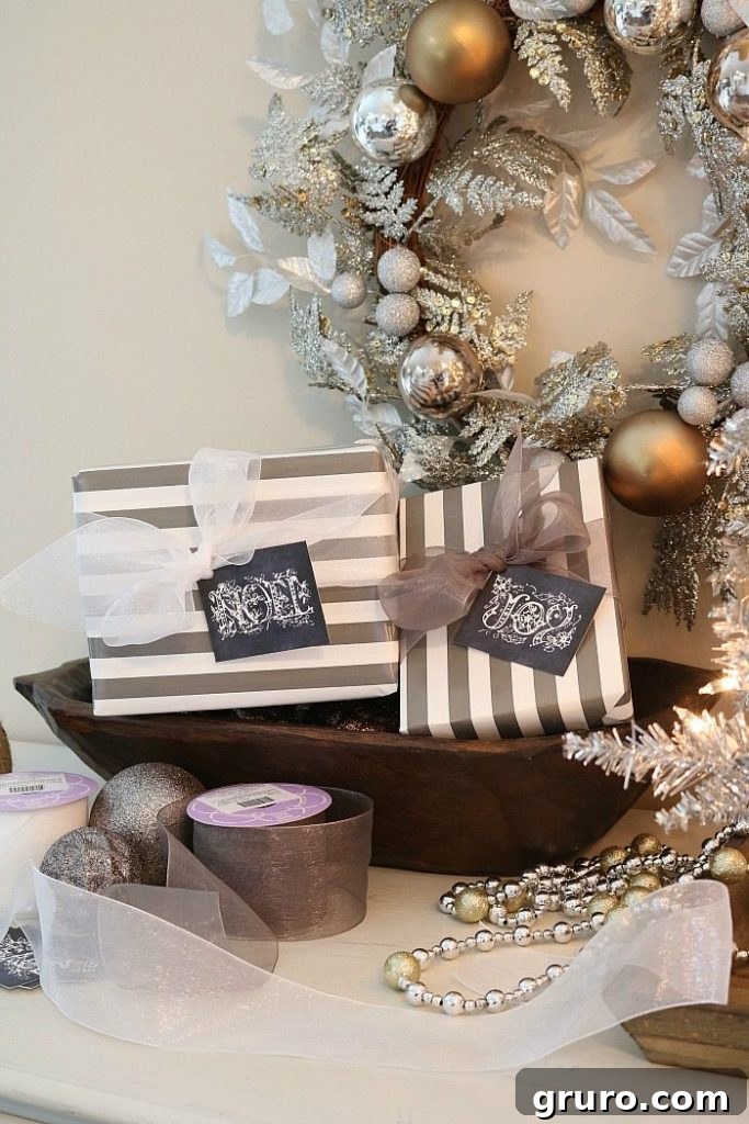 Complimentary Printable Holiday Gift Tags 5 Gray and white gifts with free printable chalkboard tags