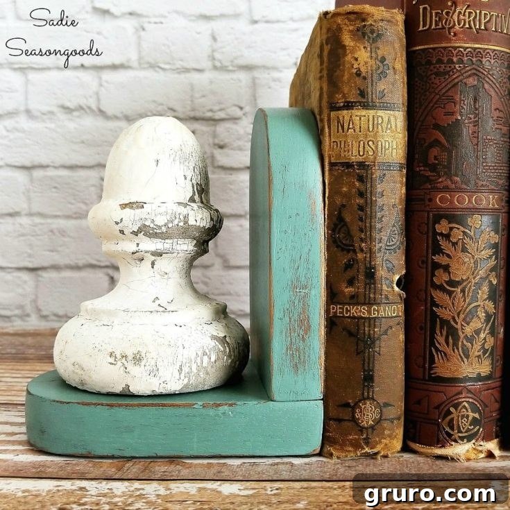 Vintage Farmhouse Decor using architectural salvage for bookends