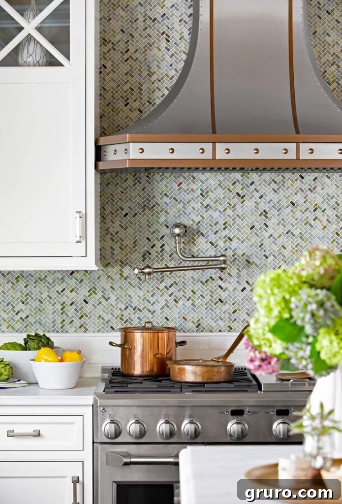 Elevating White Kitchens: 30 Backsplash Inspirations 15 Herringbone Mosaic Backsplash