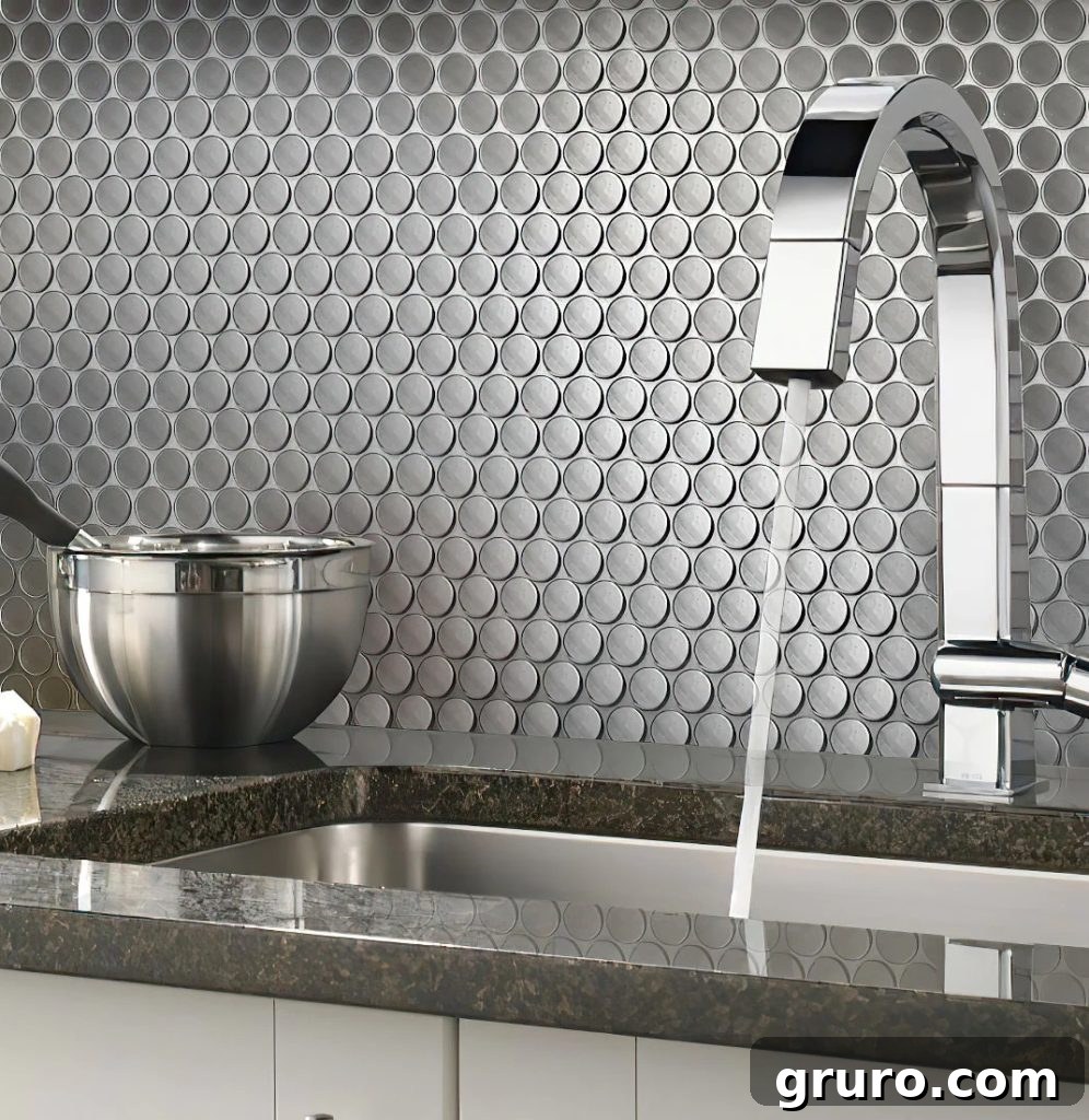 Elevating White Kitchens: 30 Backsplash Inspirations 21 Metal Stainless Steel Penny Backsplash