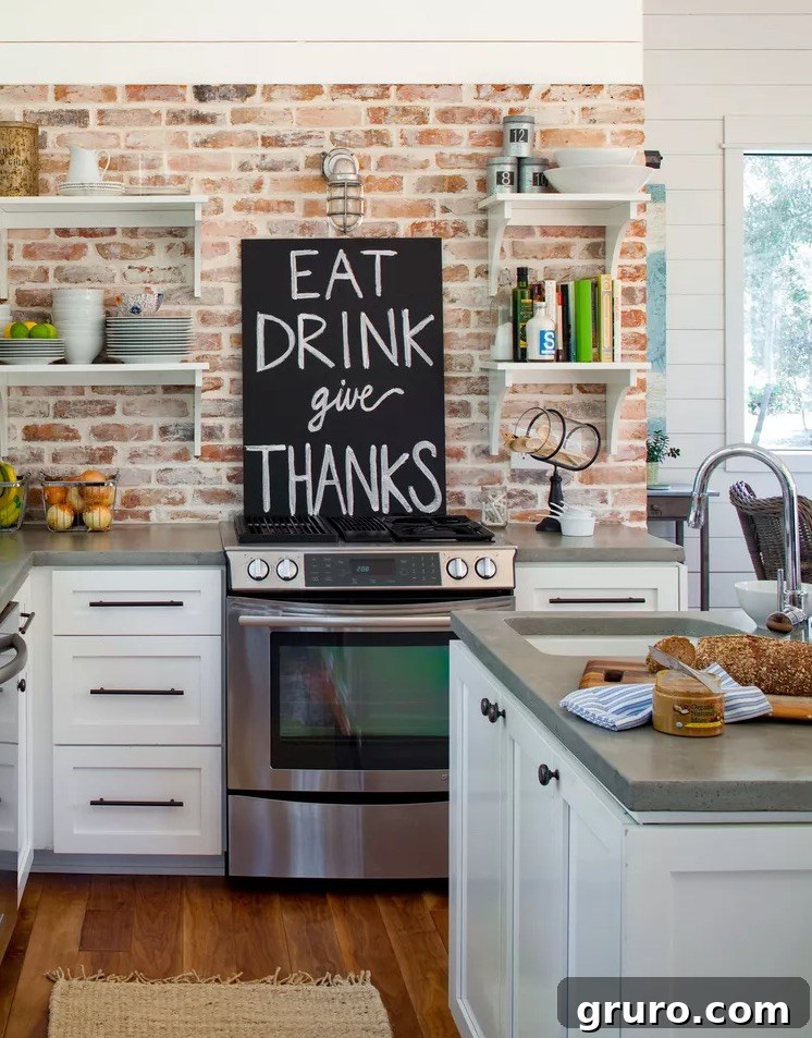 Elevating White Kitchens: 30 Backsplash Inspirations 24 Industrial Brick Backsplash