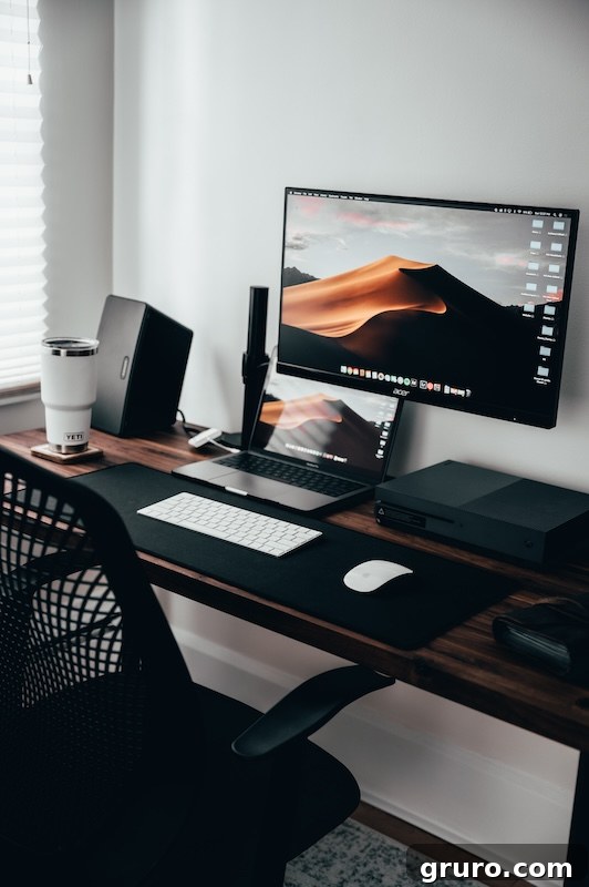 Modern tech-friendly home office with multiple monitors.