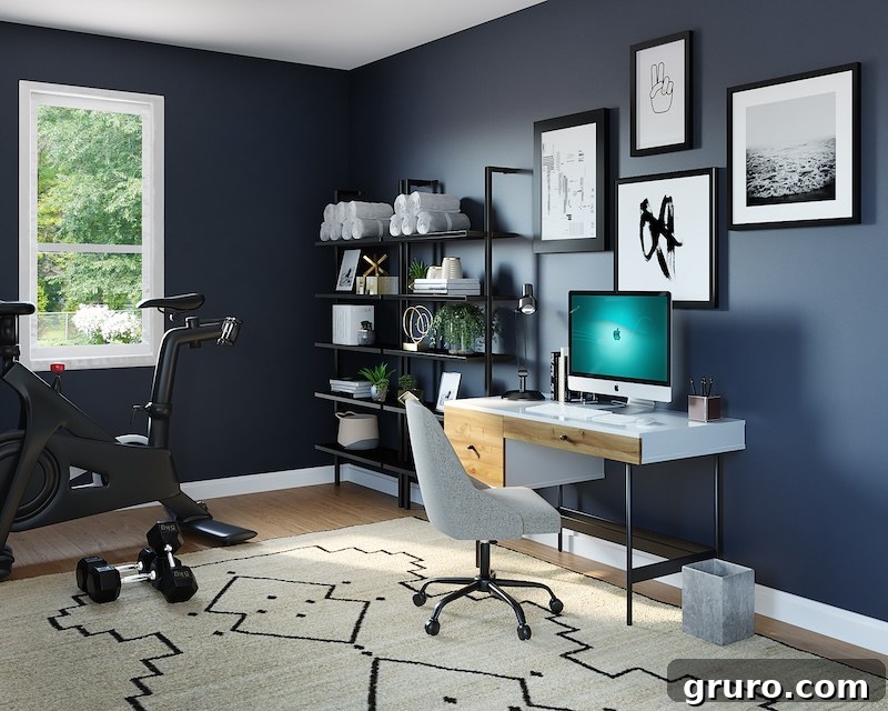 Home office with personal touches including a vintage globe and art.