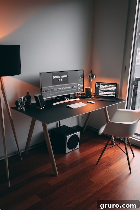 Elegant home office with a dark wood desk and minimalist decor.