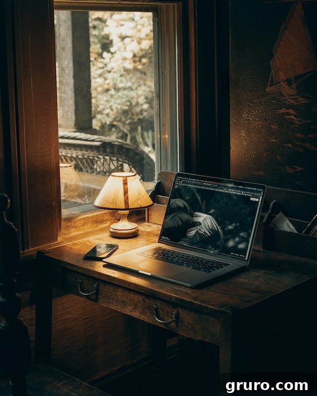 Spacious home office with a large wooden desk and bookshelf.