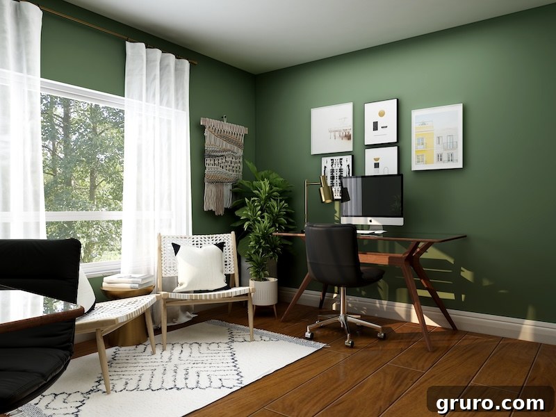 Elegant home office with framed abstract art.