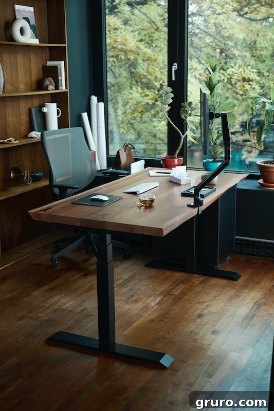 Cozy home office with various framed art pieces on the wall.