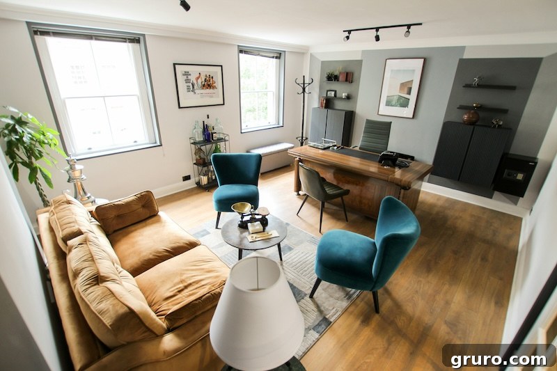 Office with industrial-style shelving and organized books.