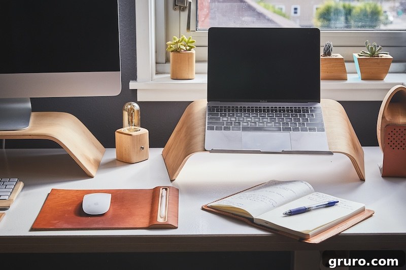 Minimalist home office with wall-mounted shelves and simple decor.