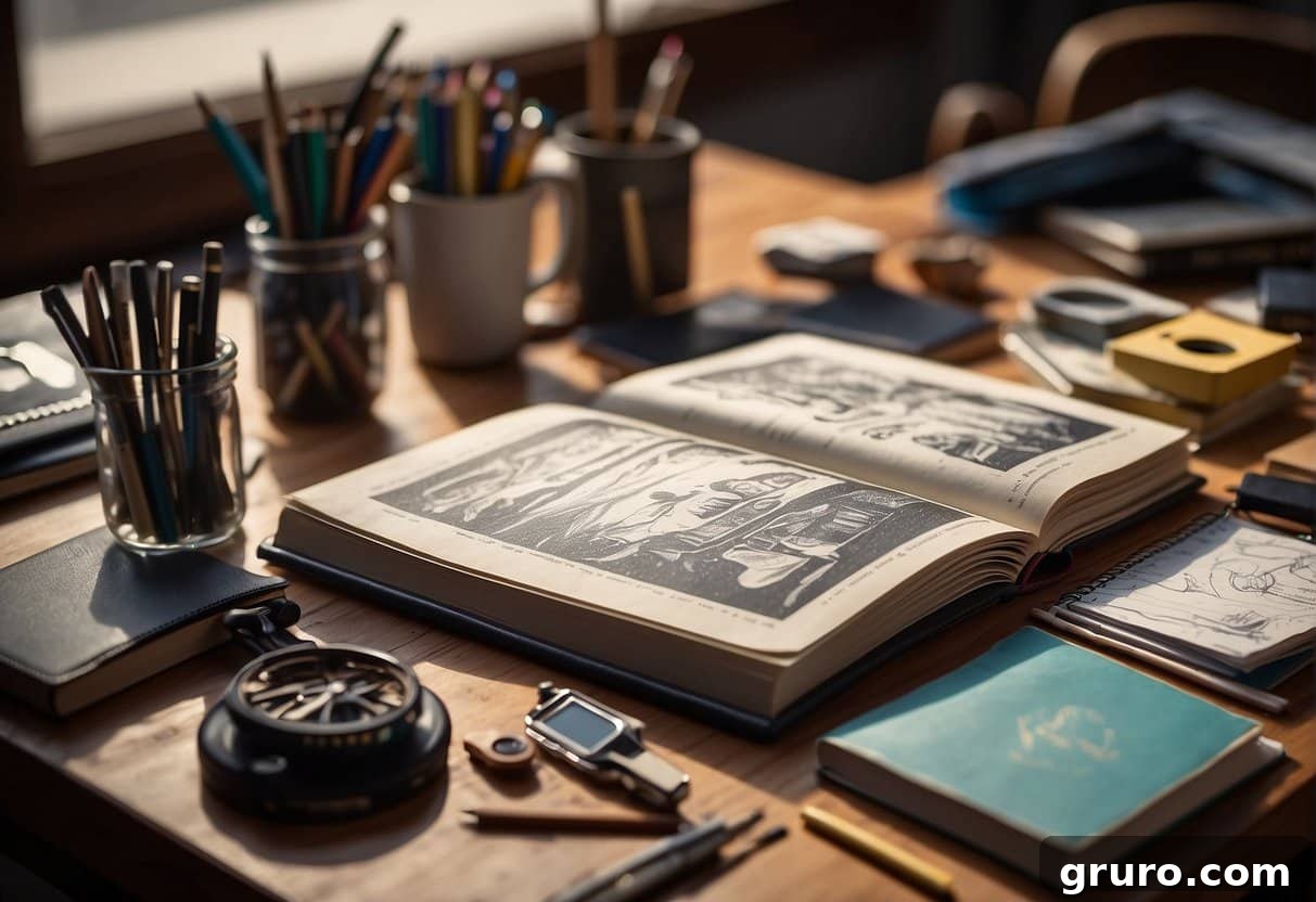 A sketchbook lies open on a wooden desk, surrounded by various art supplies. The pages are filled with quick sketches and doodles, showing the artist's practice and experimentation