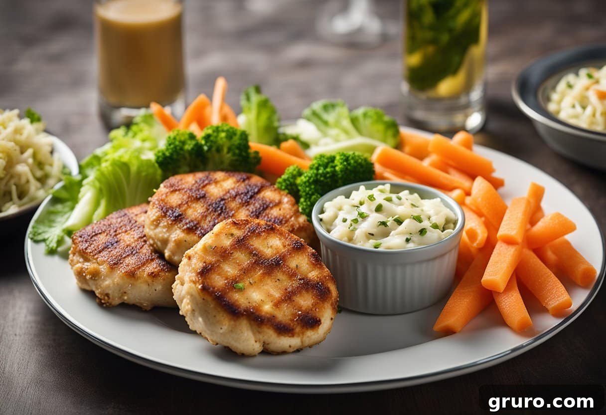 A plate of chicken patties with a side of steamed vegetables and a dollop of tangy coleslaw