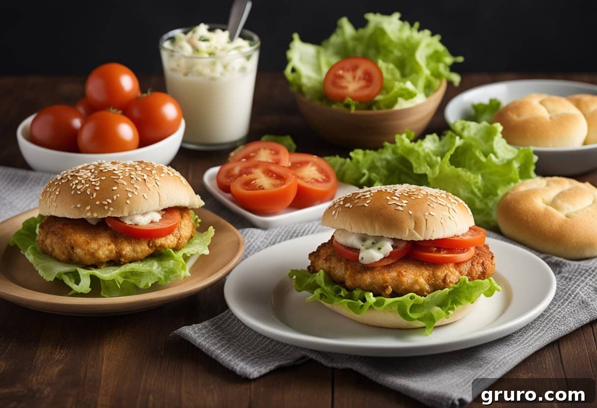 A table set with fresh lettuce, tomato slices, and buns next to a plate of golden-brown chicken patties with a side of creamy coleslaw