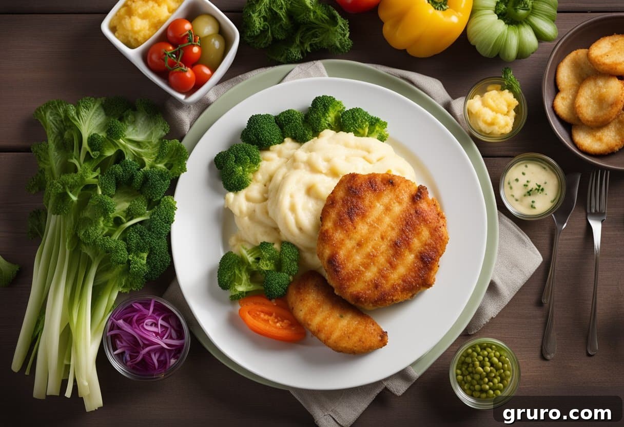A plate of golden-brown chicken patties surrounded by colorful vegetables and a side of creamy mashed potatoes