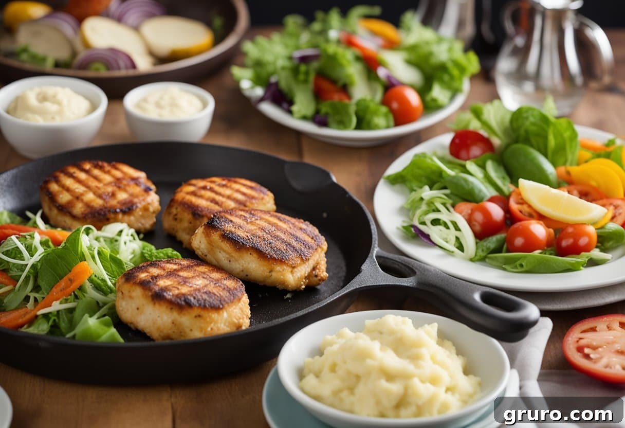 Chicken patties sizzling on a hot skillet, surrounded by colorful vegetables being chopped. A side of creamy mashed potatoes and a fresh garden salad ready to be served