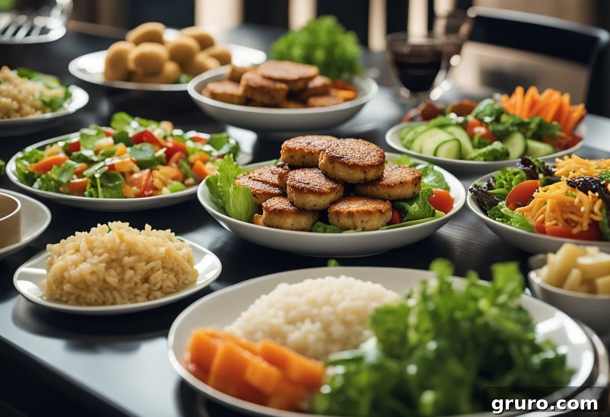 A table set with a variety of side dishes like salad, rice, and vegetables next to a plate of chicken patties