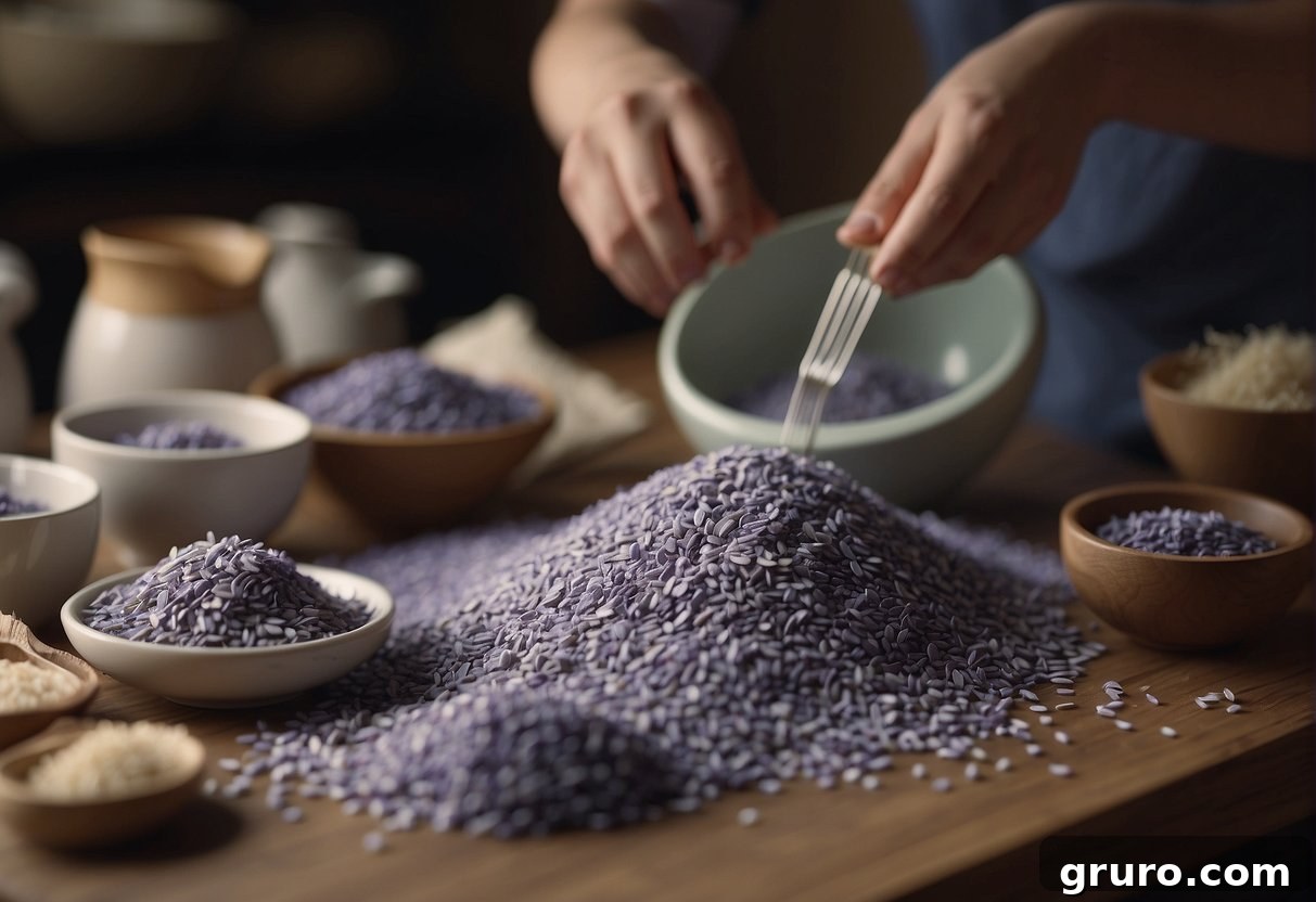 Mixing dried lavender with rice in a bowl. Pouring the mixture into fabric pouches and sewing them shut. Placing the heat packs in a row on a table