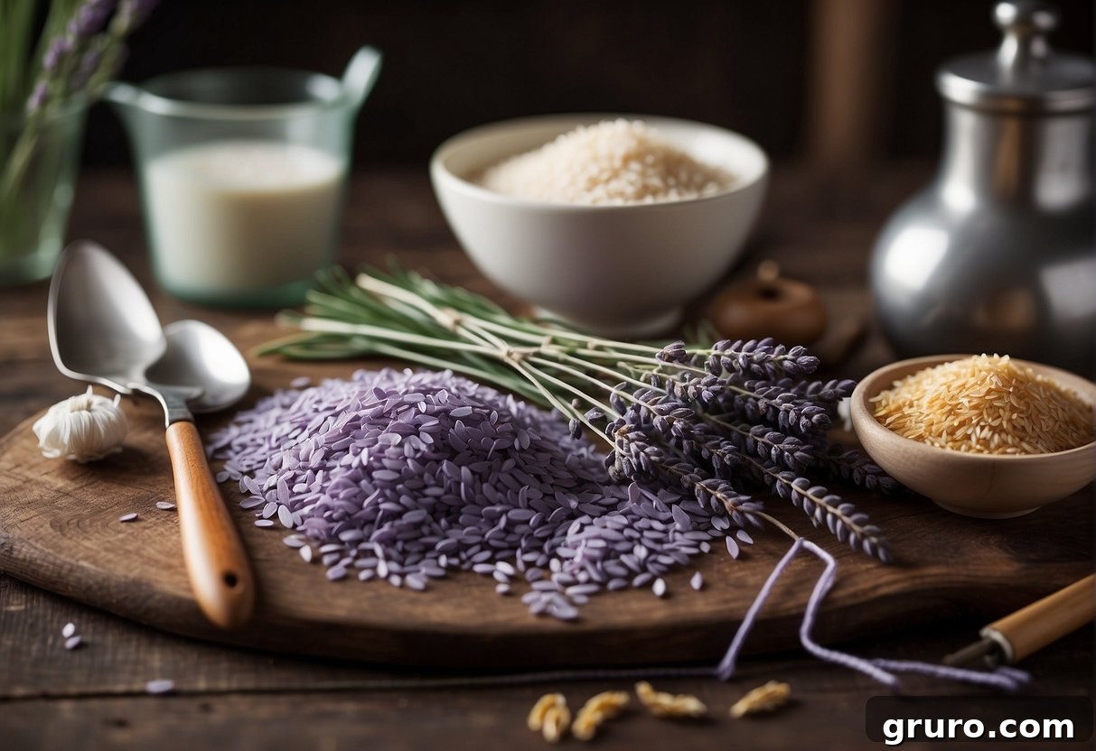 A table with ingredients (lavender, rice), tools (fabric, sewing kit), and a step-by-step guide. Safety warnings and usage tips are listed nearby