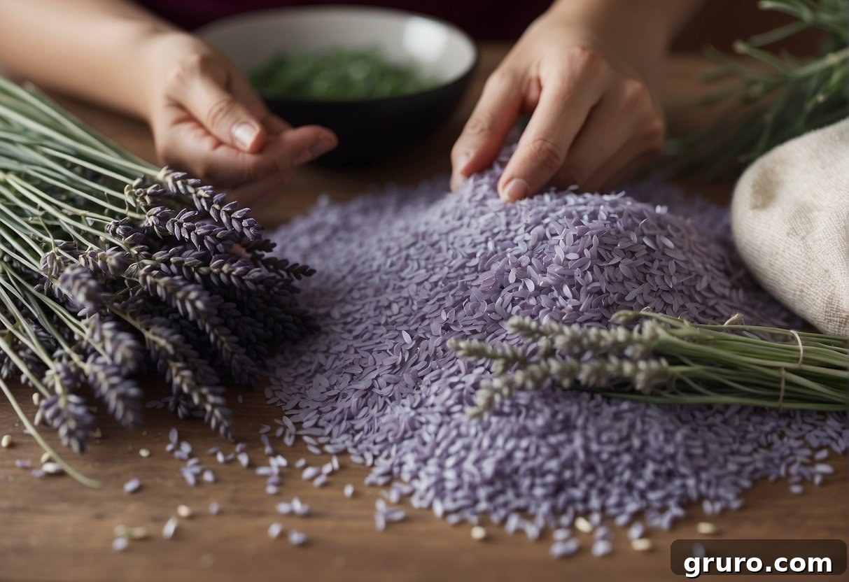 A table with lavender, fabric, and rice. A person sewing and filling fabric with rice and lavender. Finished heat packs on the table