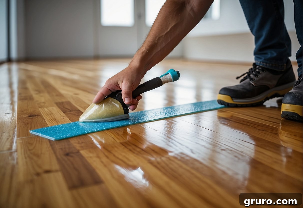 A person applies a protective coating to a shiny hardwood floor, ensuring a smooth and scratch-resistant finish