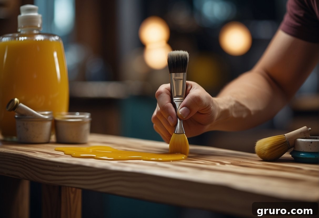 A person is painting wax onto a wooden piece of furniture, carefully applying the glossy finish with a brush
